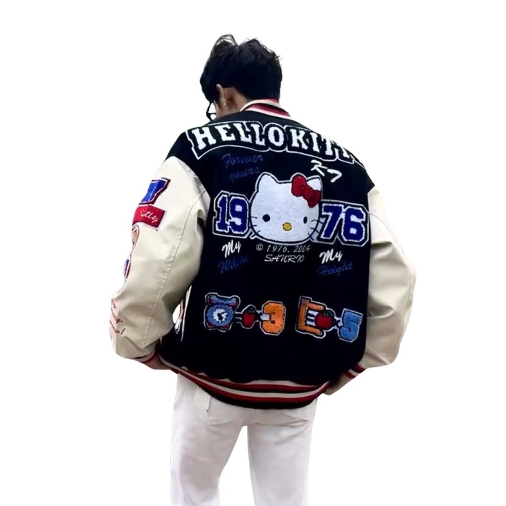 Hello Kitty Black and Cream Varsity Jacket with Red Accents